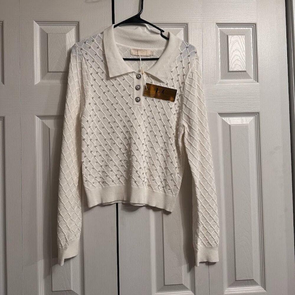 Lizette Collection Blouse Pearl Accents Bling Cream Women's XL Long-sleeve NWT